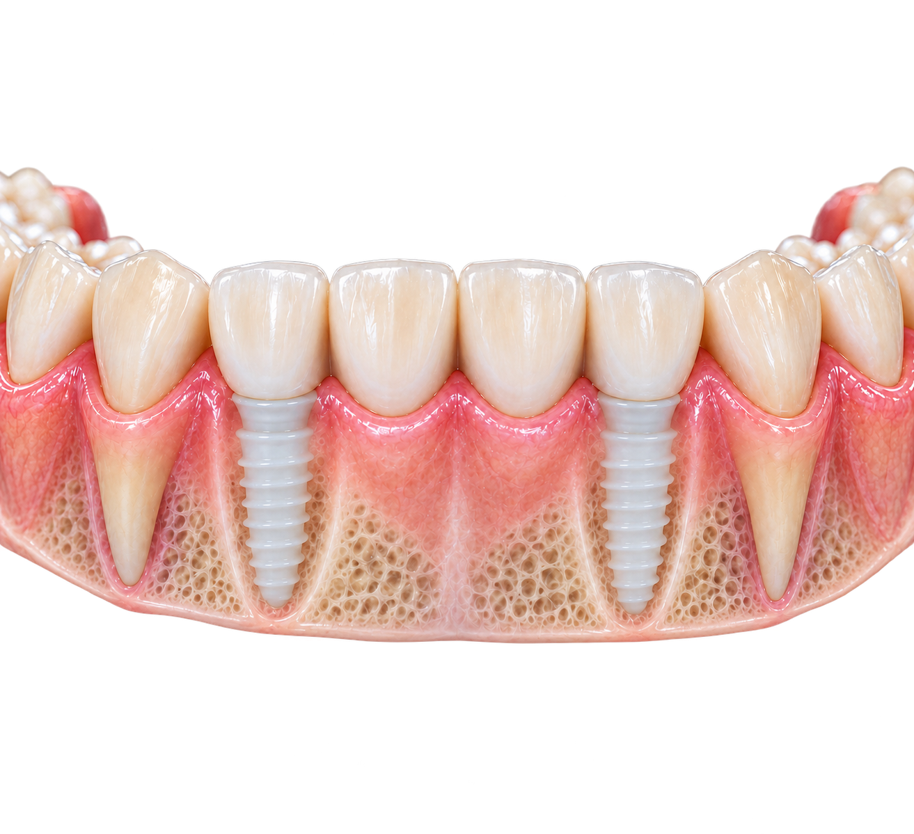 Implant-supported bridge replacing four lower front teeth with two dental implants