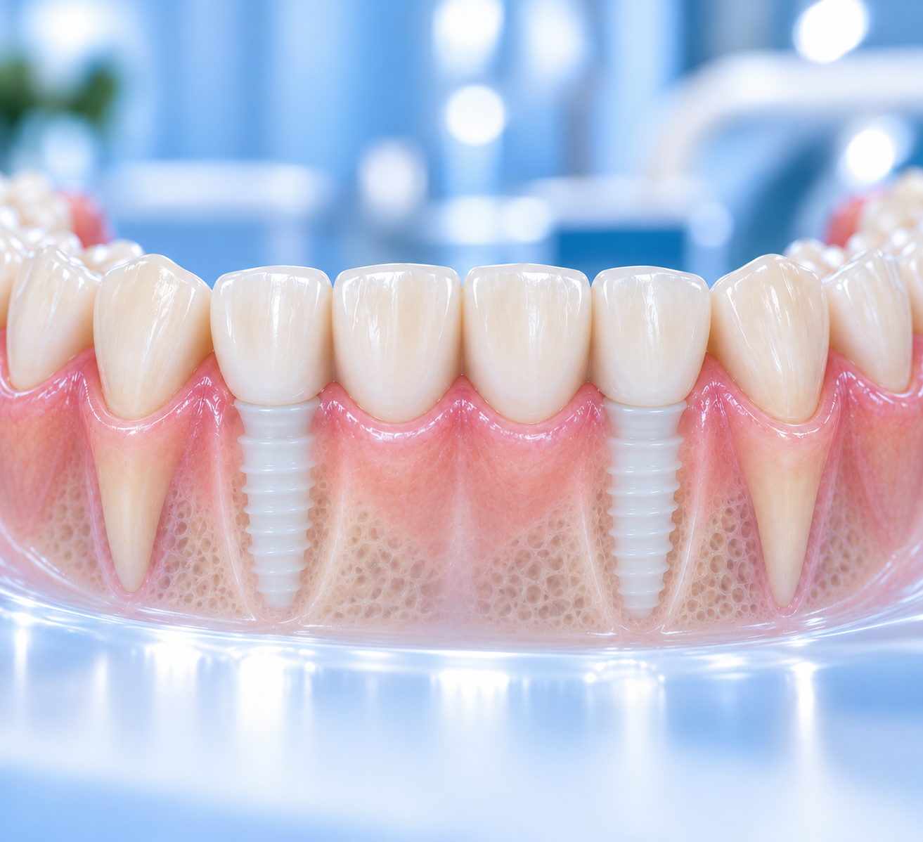Multiple dental implants supporting replacement teeth