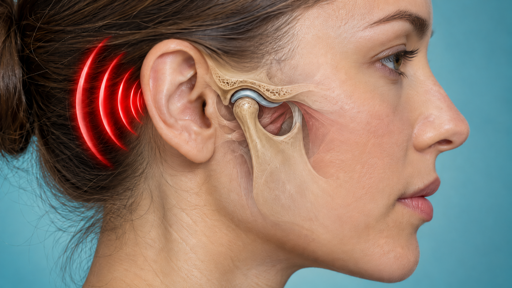 Anatomical illustration of the temporomandibular joint next to the ear
